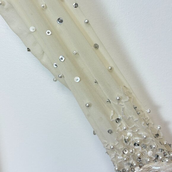 Women’s Vintage-Inspired Off-White/Cream Embellished Silk Dress W/Lettuce Hem - Picture 7 of 16